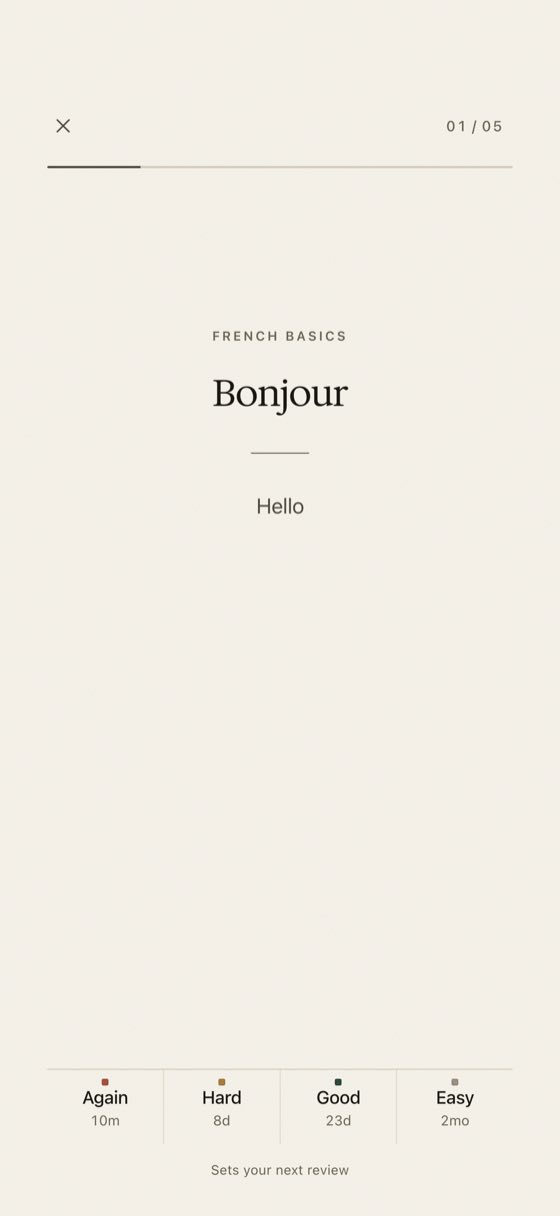 A sumi review card from the French basics deck: Bonjour, with the answer Hello